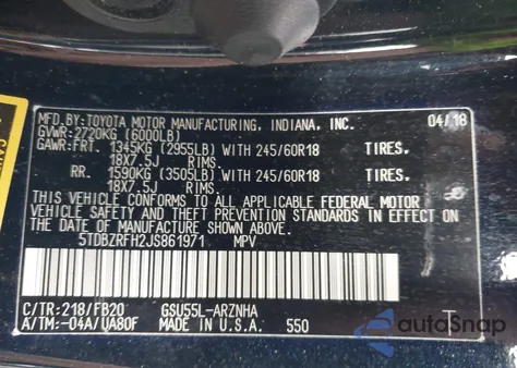 2018 Toyota Highlander Le z USA, uszkodzony, nr VIN 5TDBZRFH2JS861971